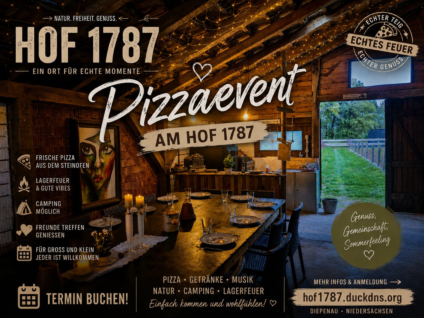 Pizzaevent am Hof 1787 – frische Pizza aus dem Steinofen, Lagerfeuer, Camping und gute Gesellschaft in Diepenau, Niedersachsen